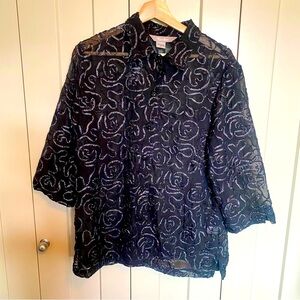 TanJay-Black Sheer Blouse with Silver Embellishment Design-3/4 Sleeves-Size 12